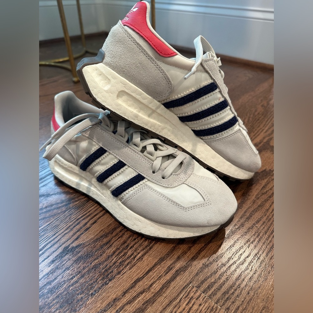 Adidas Retropy Gray Sneakers with Navy Stripes and Red Accent
